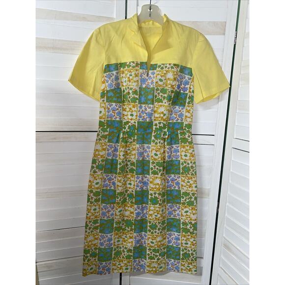 Handmade Dresses & Skirts - Vintage 50s Handmade Yellow Cotton Cottage Floral House Dress Size Medium